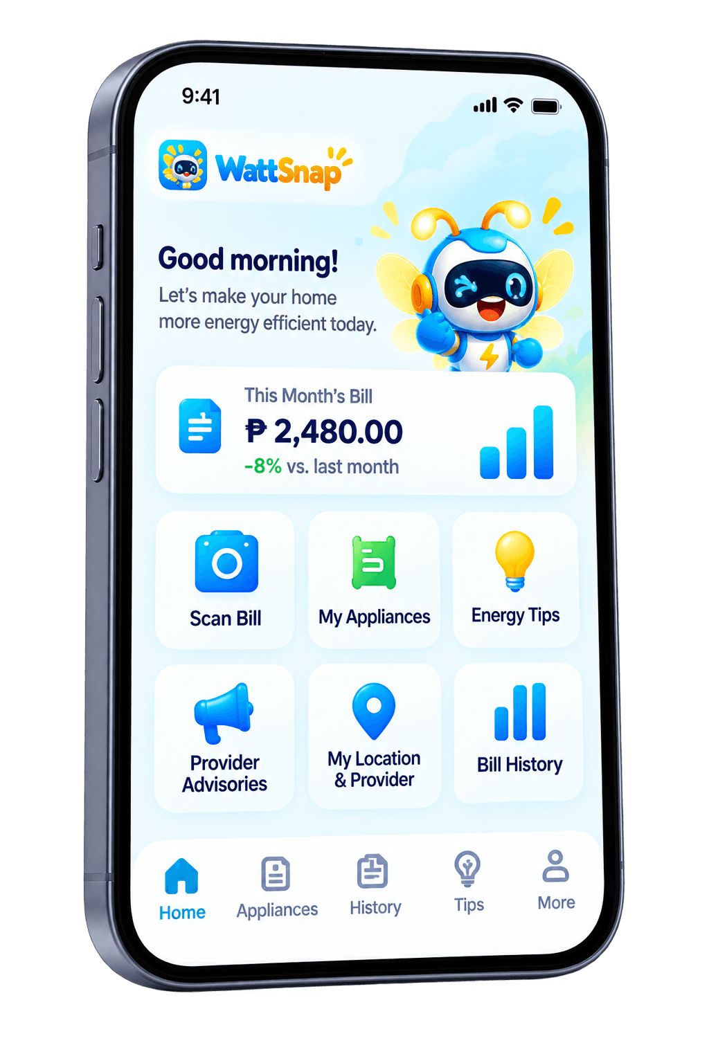 WattSnap dashboard preview showing electricity bills, appliances, tips, and advisories